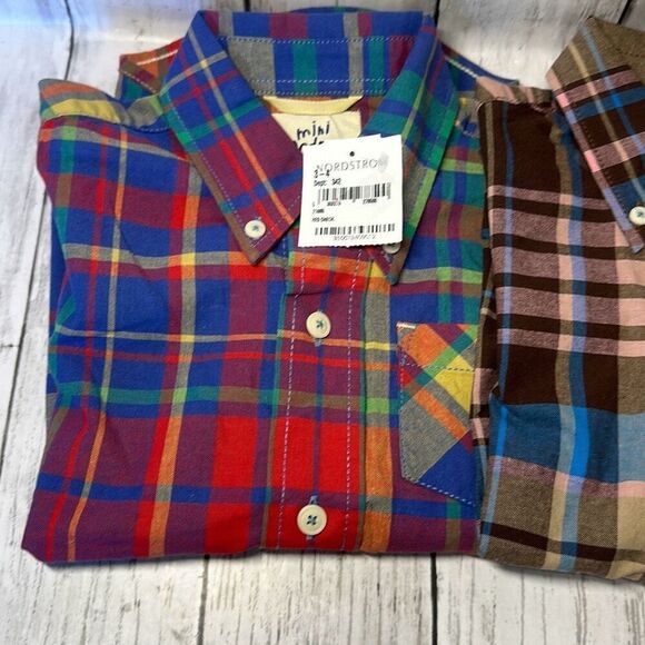 Mini Boden Striped Plaid Button Down Boys Short Sleeve size 3-4Y Brown Blue set - Picture 3 of 7